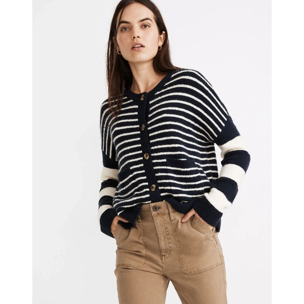 Madewell Stripe-Play Colburne Cardigan Sweater Women's L‎ Color Navy